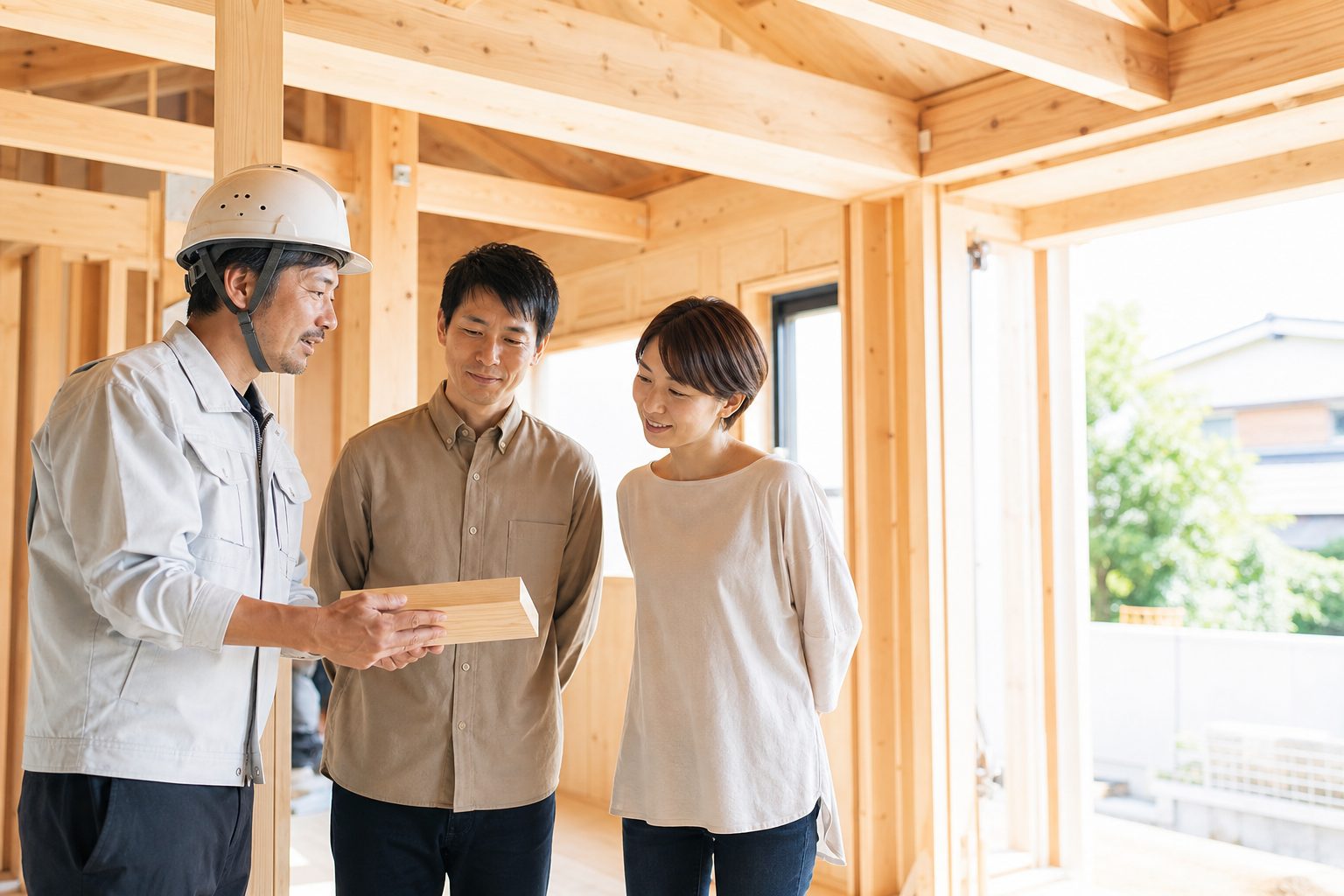 建築中の現場で、ご家族に木材の質感を確かめていただく