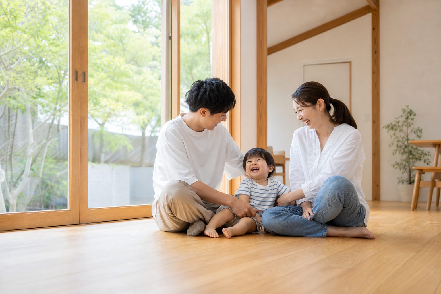 明るいリビングで笑い合う家族